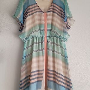 Meadow & Rue boho mini dress size M aqua pink blue cream striped flowy summer be